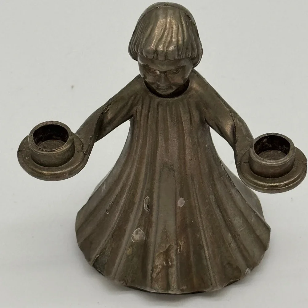 Vintage Metal Choir Boy Candle Holder Double Small Taper Silver Plated 3.5